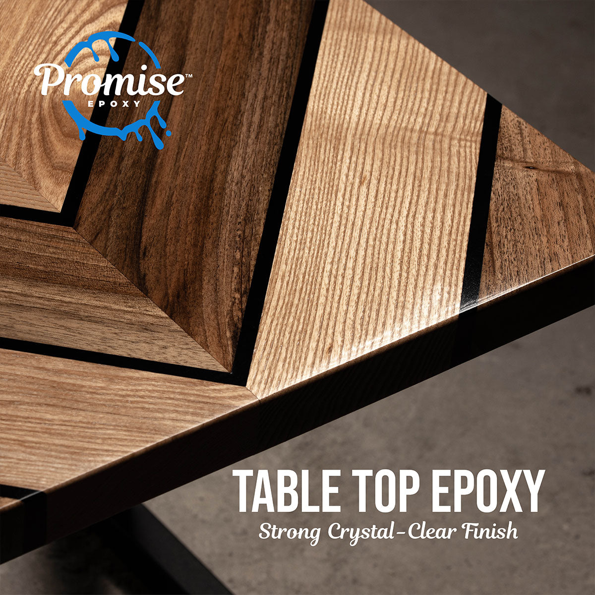 Close-up of a geometric tabletop featuring wood grain patterns in natural brown tones separated by black epoxy lines with a glossy crystal-clear finish.