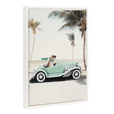 Framed canvas artwork depicting a leopard in a car surrounded by beach palms with a vintage beaded gold frame