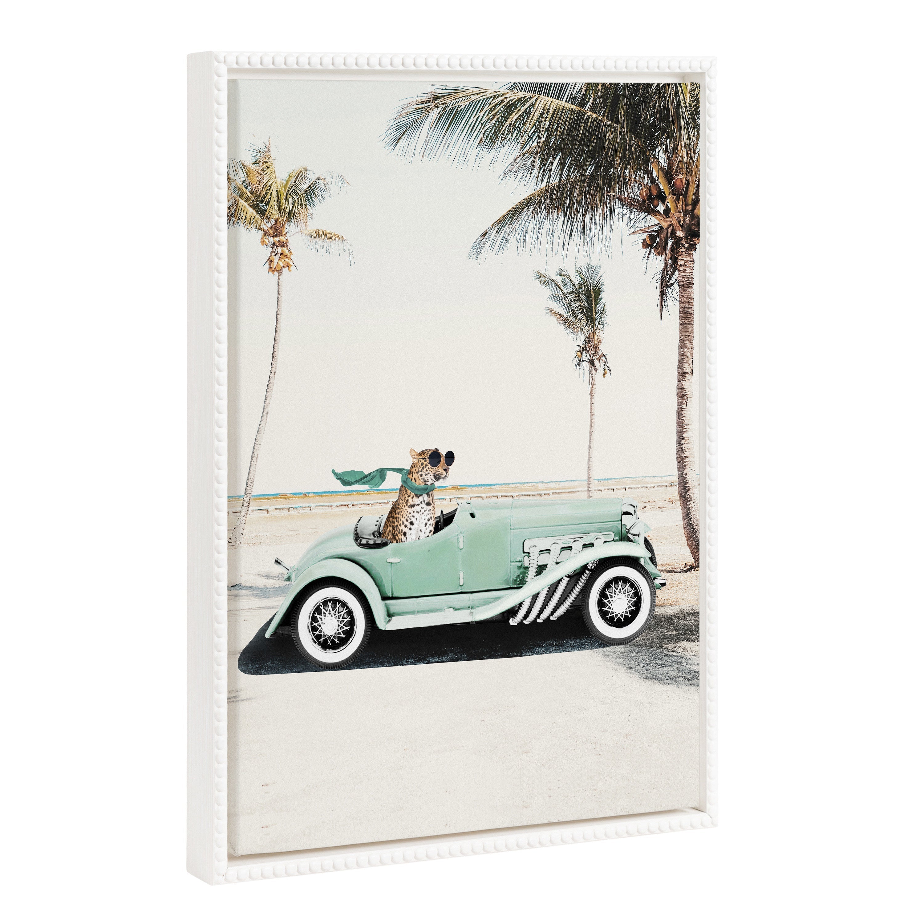Framed canvas artwork depicting a leopard in a car surrounded by beach palms with a vintage beaded gold frame