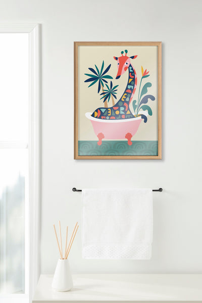 Blake Mid Century Modern Giraffe in Bathtub Framed Printed Glass by kateandlaurel - product image 10 for Resin Society