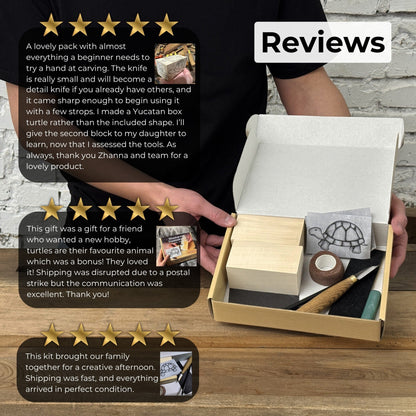 Turtle Carving Kit with knife, wooden blocks, sandpaper, sharpening board, pencil, and turtle drawing