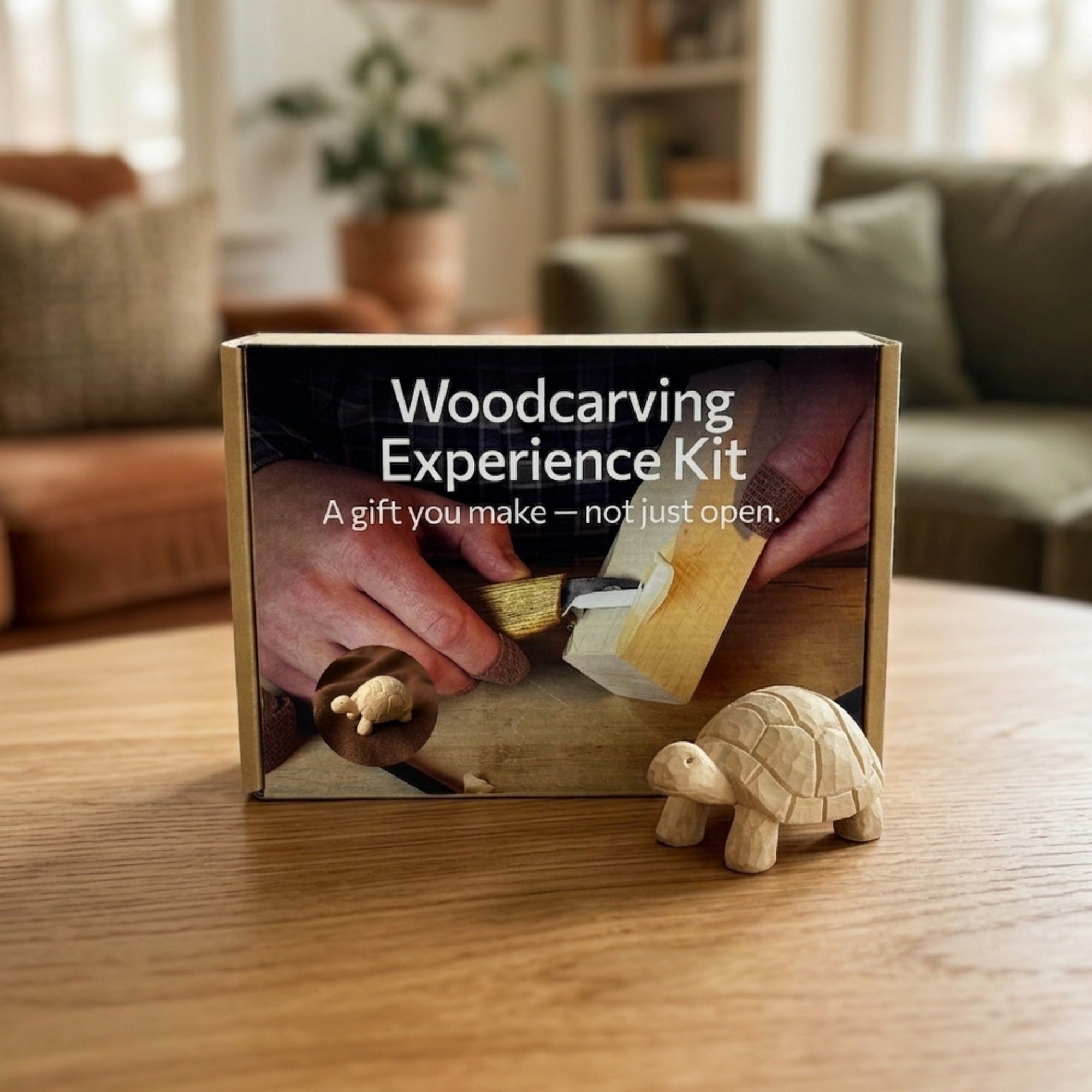 Turtle Carving Kit with knife, wooden blocks, sandpaper, sharpening board, pencil, and turtle drawing