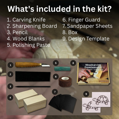 Turtle Carving Kit with knife, wooden blocks, sandpaper, sharpening board, pencil, and turtle drawing