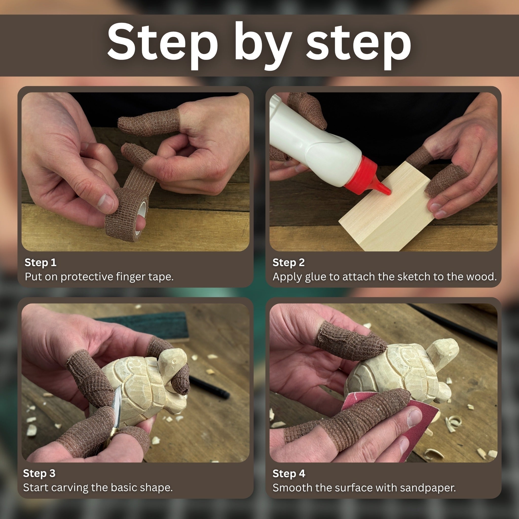 Turtle Carving Kit with knife, wooden blocks, sandpaper, sharpening board, pencil, and turtle drawing