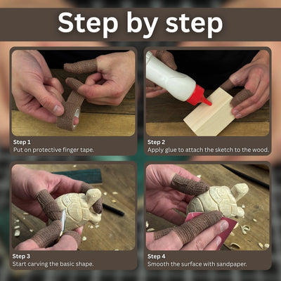 Turtle Carving Kit with knife, wooden blocks, sandpaper, sharpening board, pencil, and turtle drawing