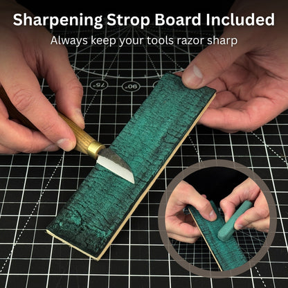 Turtle Carving Kit with knife, wooden blocks, sandpaper, sharpening board, pencil, and turtle drawing