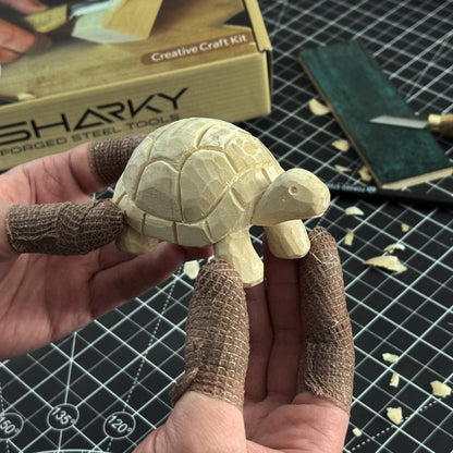 Turtle Carving Kit with knife, wooden blocks, sandpaper, sharpening board, pencil, and turtle drawing