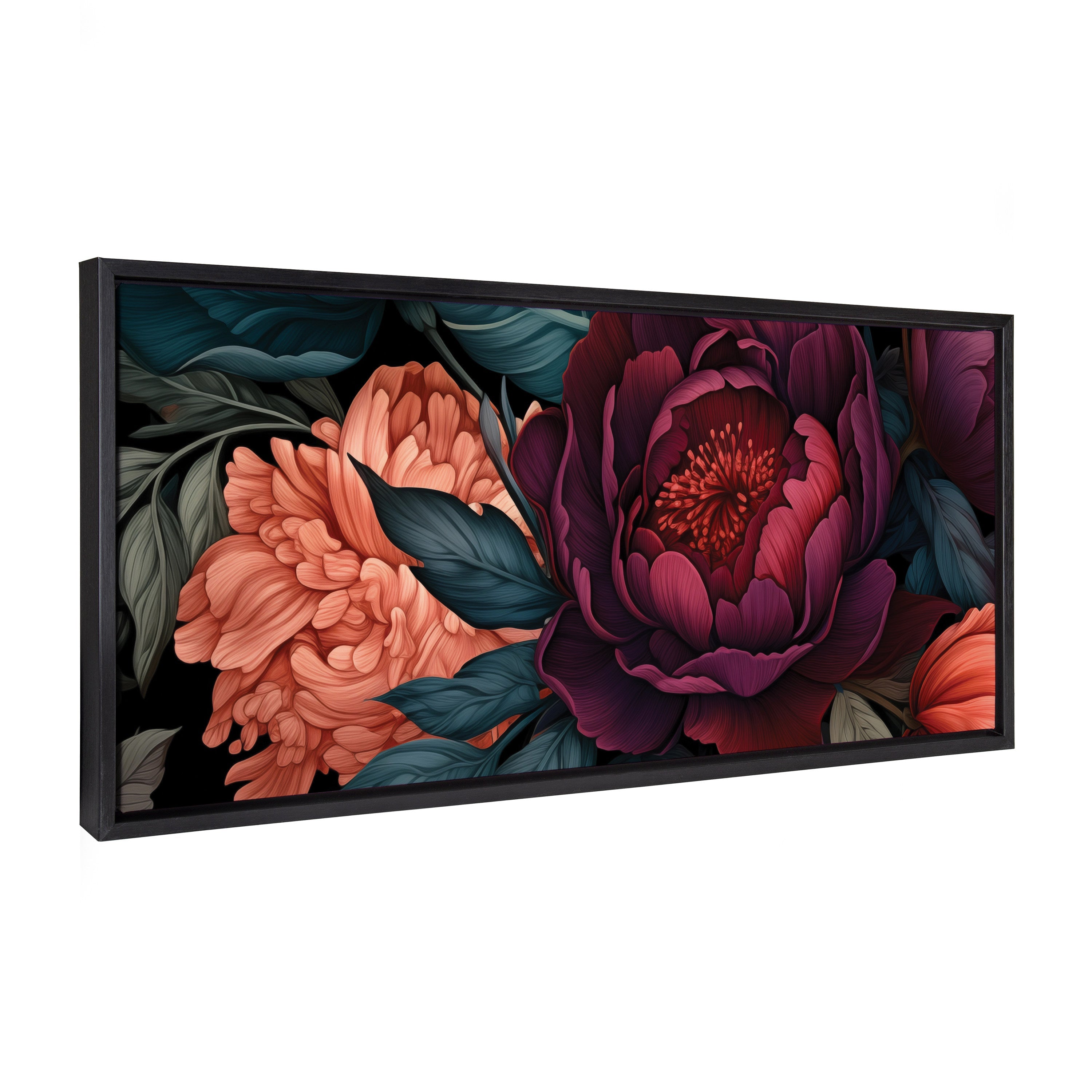 Sylvie Dark Academia Floral framed canvas art with jewel toned flowers and bright gold frame