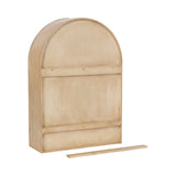 Light wood arched wall cabinet back panel with three horizontal support braces and a detached bottom trim piece lying in front.