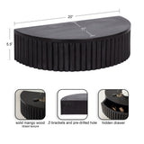 Semi-circular black mango wood side table with ribbed vertical texture and hidden drawer, measuring 20" wide, 11" deep, and 5.5" high, featuring Z-brackets and pre-drilled hole.