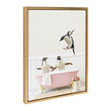 Sylvie Penguins Playing in Cottage Rose Bath Framed Canvas by kateandlaurel - main product image for Resin Society