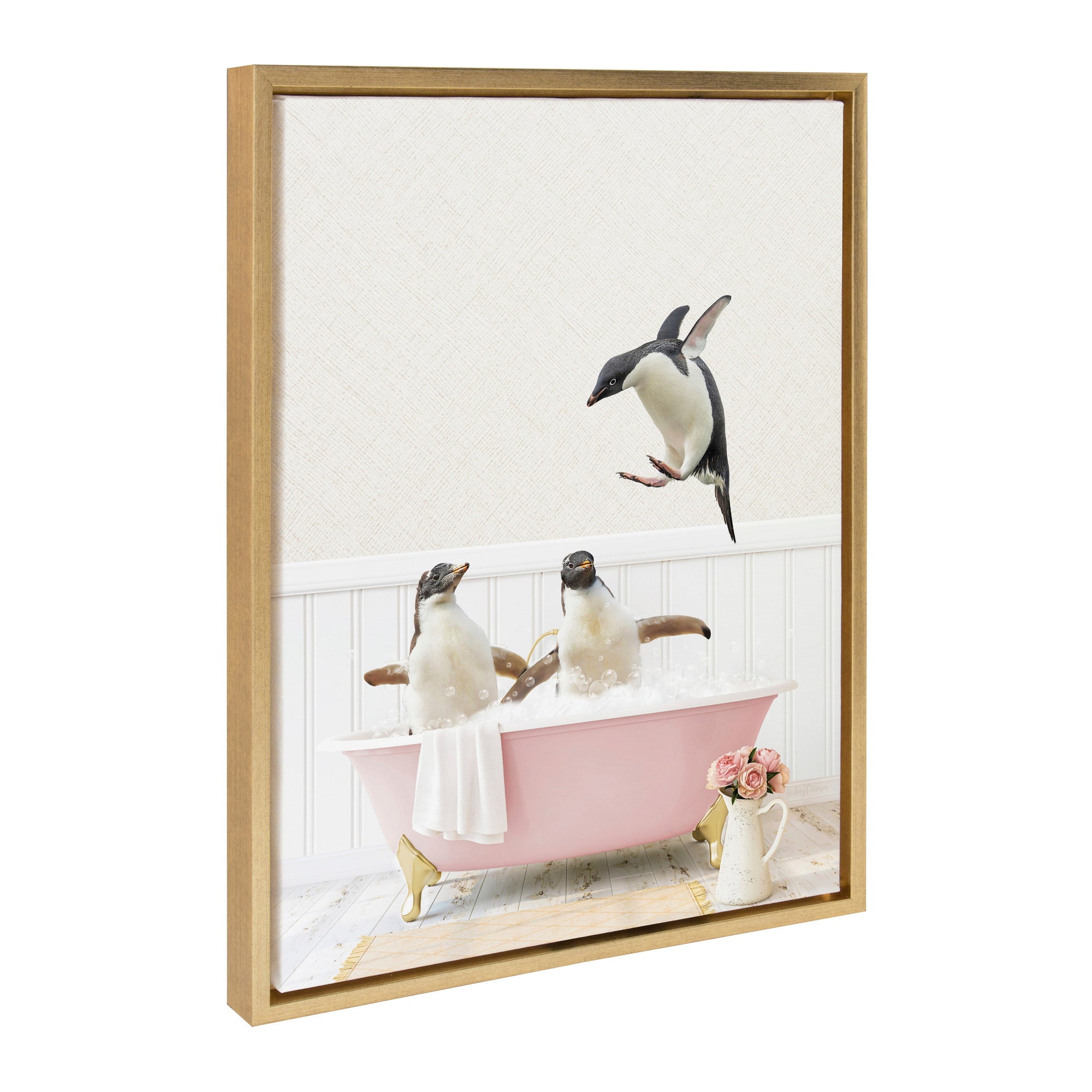 Sylvie Penguins Playing in Cottage Rose Bath Framed Canvas by kateandlaurel - main product image for Resin Society