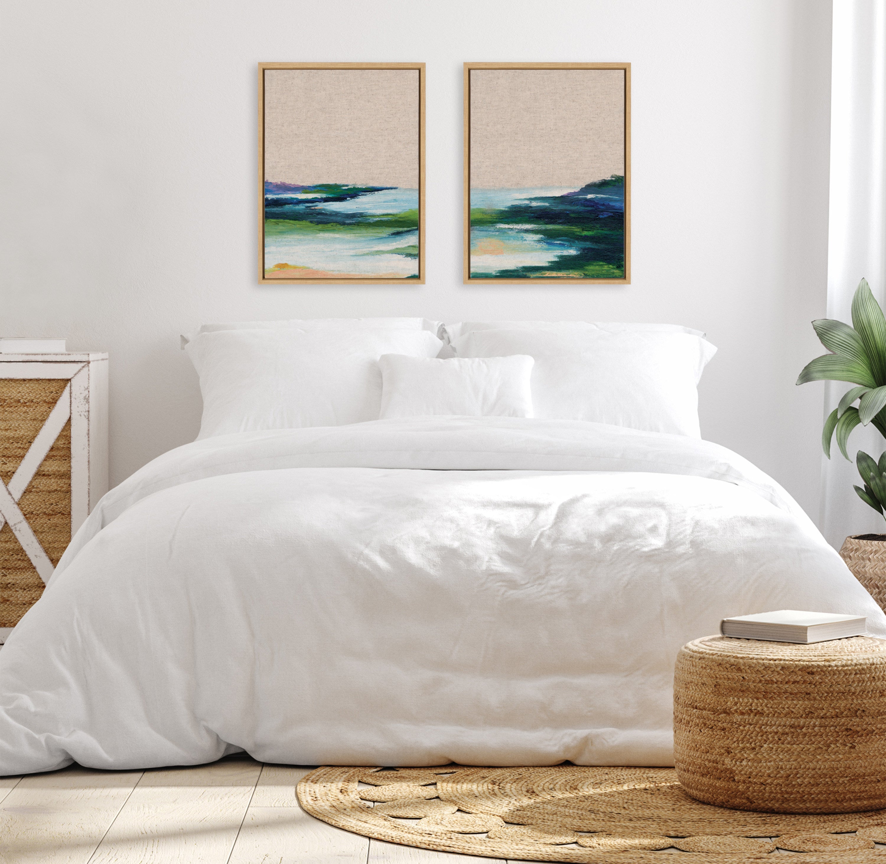 Sylvie Lake Huron I and II Neutral Linen Framed Canvas Art Set by Nikita Jariwala