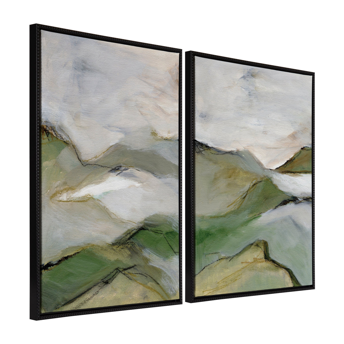 Two framed abstract landscape paintings with soft green, gray, and white hues depicting layered hills and misty skies, displayed side by side.