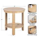 Round wood side table with light natural finish featuring a 22-inch diameter tabletop and a lower circular shelf for storage, standing 24 inches tall.