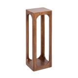 Tall rectangular wooden stool or side table with cut-out arches on all four sides and a smooth, warm brown finish.