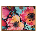 Close-up painting of large, vibrant flowers in pink, orange, and blue hues with detailed black centers and pale blue berries, set against a dark background.