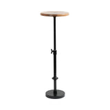 Adjustable-height stand with a round natural wood top and matte black metal base featuring a tightening knob on the central column for height adjustment.