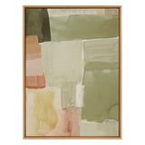Abstract framed canvas with overlapping rectangular blocks in muted green, beige, peach, and brown tones, featuring soft brush textures and subtle color layering.