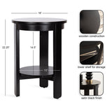 Round black wooden side table with three legs and a lower circular shelf, featuring a satin black finish and measuring 22.25 inches tall and 16 inches wide.