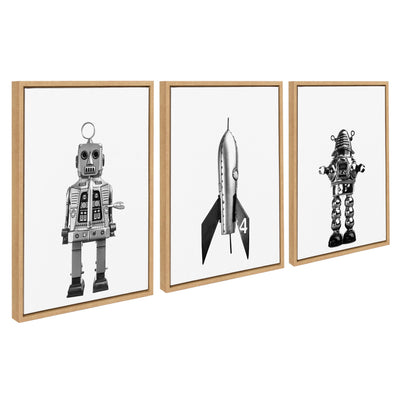 Sylvie Sparky Space Robot, No 4 Rocket and Robbey Robot framed black and white canvas art set