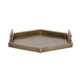 Hexagonal metal tray with a brushed brass finish and two tubular handles extending vertically on opposite sides, shown at a slight angle.