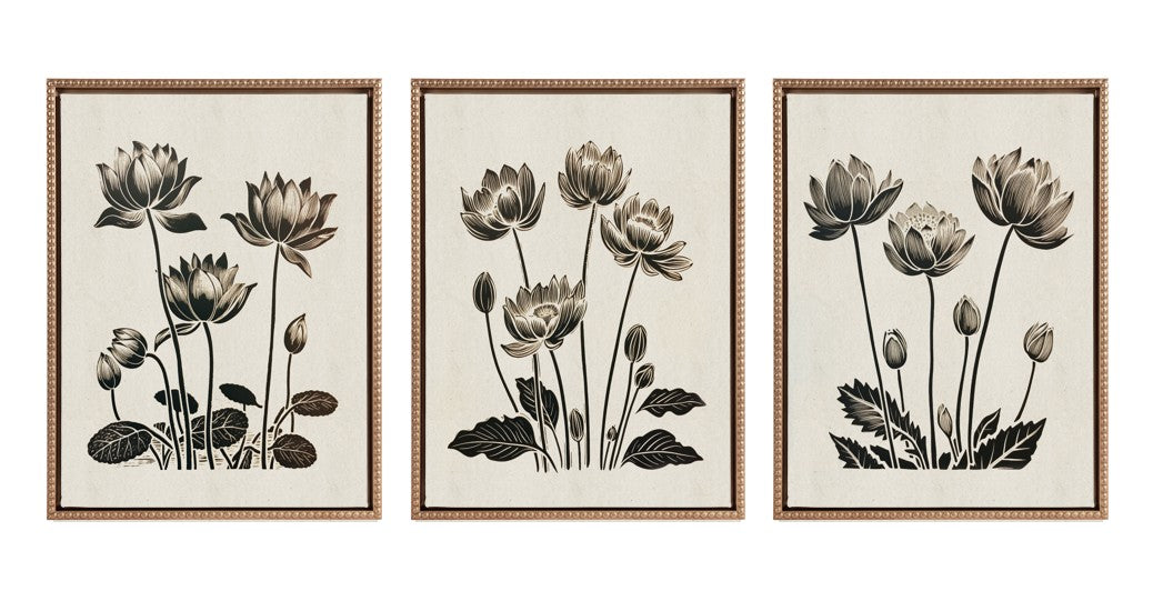 Framed canvas art set featuring black-and-white linocut lotus flower design on gallery-wrapped canvas