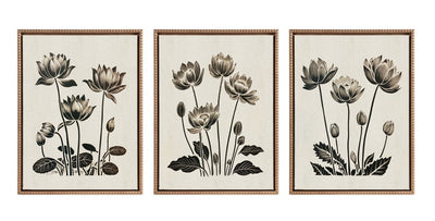 Framed canvas art set featuring black-and-white linocut lotus flower design on gallery-wrapped canvas
