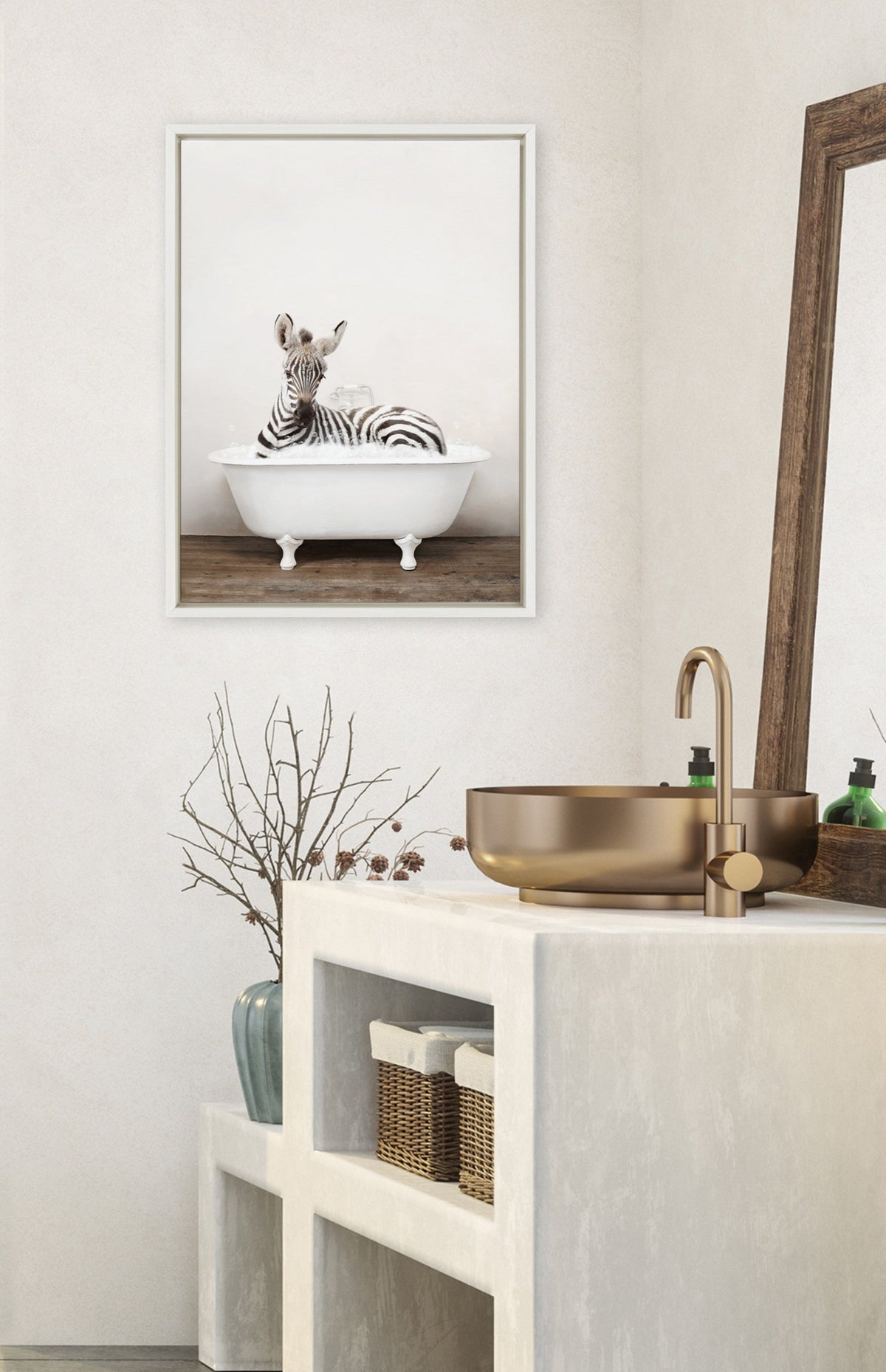 Sylvie Baby Zebra in Rustic Bath Framed Canvas by kateandlaurel - product image 4 for Resin Society