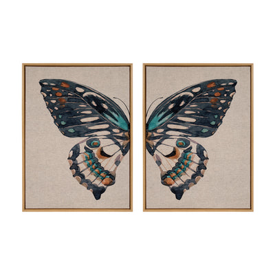 Sylvie Boho Butterfly Watercolor Diptych Neutral Linen Framed Canvas Art Set by The Creative Bunch Studio
