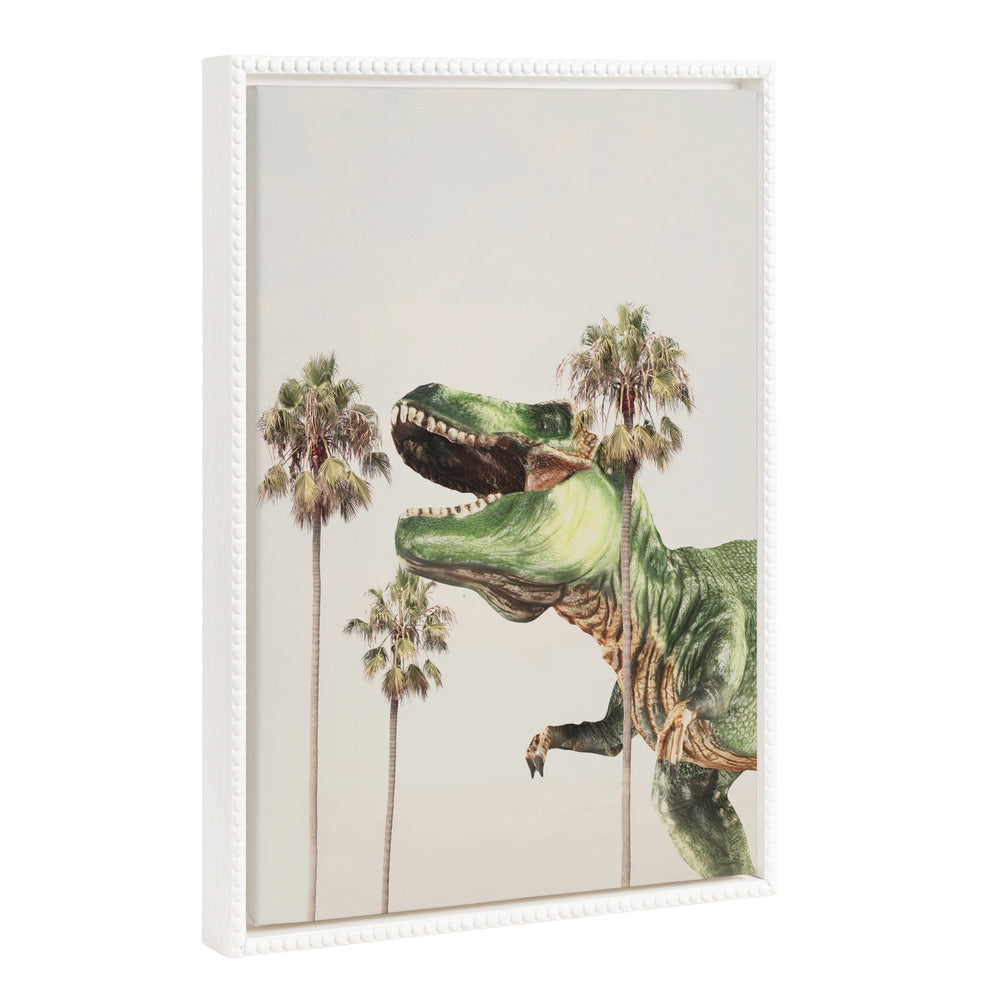 Sylvie Beaded Dinosaur Framed Canvas showing a dinosaur and palm trees on a sunny beach scene