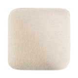 Top view of a beige square ottoman with rounded corners and textured fabric upholstery