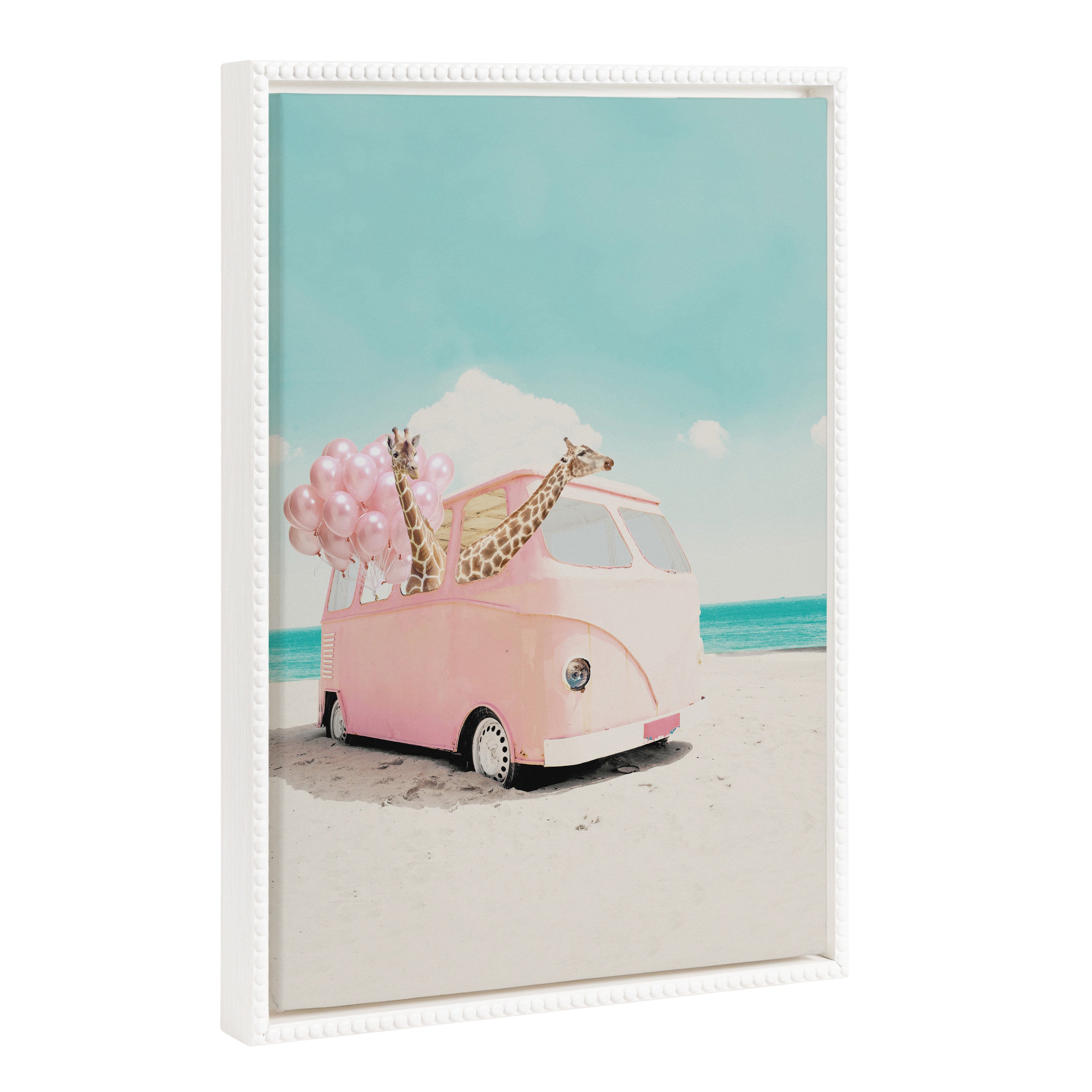 Sylvie Beaded Pink Van framed canvas art featuring a giraffe in a beach setting