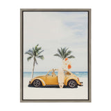 Yellow classic Volkswagen Beetle with surfboard and balloons parked on a sandy beach with two palm trees and ocean waves in the background under a partly cloudy sky.
