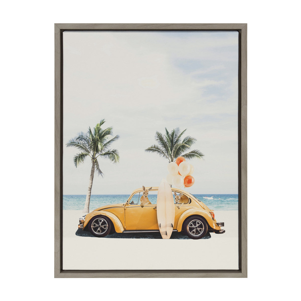 Yellow classic Volkswagen Beetle with surfboard and balloons parked on a sandy beach with two palm trees and ocean waves in the background under a partly cloudy sky.