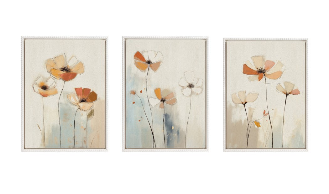 Sylvie Neutral Blue Elegant Country Wildflowers framed canvas art set showing delicate flowers in soft neutral and blue hues