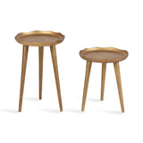 Two round wooden plant stands with scalloped edges and three tapered legs, one taller and one shorter, displayed on a white background.