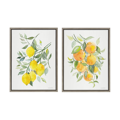Two framed canvas prints depicting orange and lemon citrus fruits by Patricia Shaw