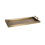 Rectangular decorative tray with raised edges and two tubular metal handles in a muted gold finish against a white background.
