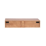 Rectangular floating wood console table with two sliding panels featuring black metal handles, shown from the front against a white background.