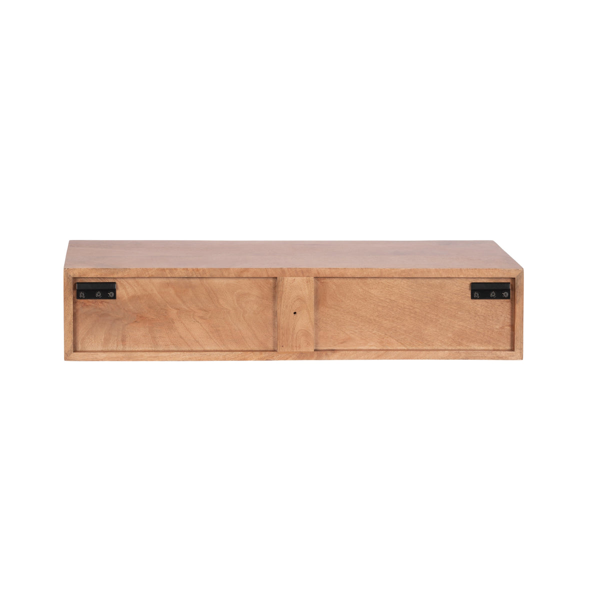Rectangular floating wood console table with two sliding panels featuring black metal handles, shown from the front against a white background.