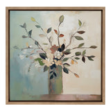Framed painting of a muted floral arrangement with green, brown, and cream leaves in a green vase on a soft blue and beige background.
