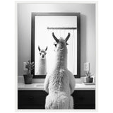 Black and white photo of a llama seen from behind looking into a bathroom mirror showing its face, flanked by two potted plants on the sink counter.