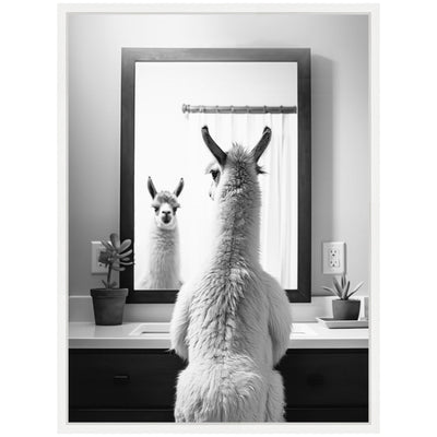 Sylvie Llama Bathroom Art Mirror Black and White Framed Canvas by The Creative Bunch Studio