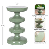 High gloss sage green metal side table with a stacked bubble design and a rounded, smooth surface, measuring 12 inches wide and 20.25 inches tall.