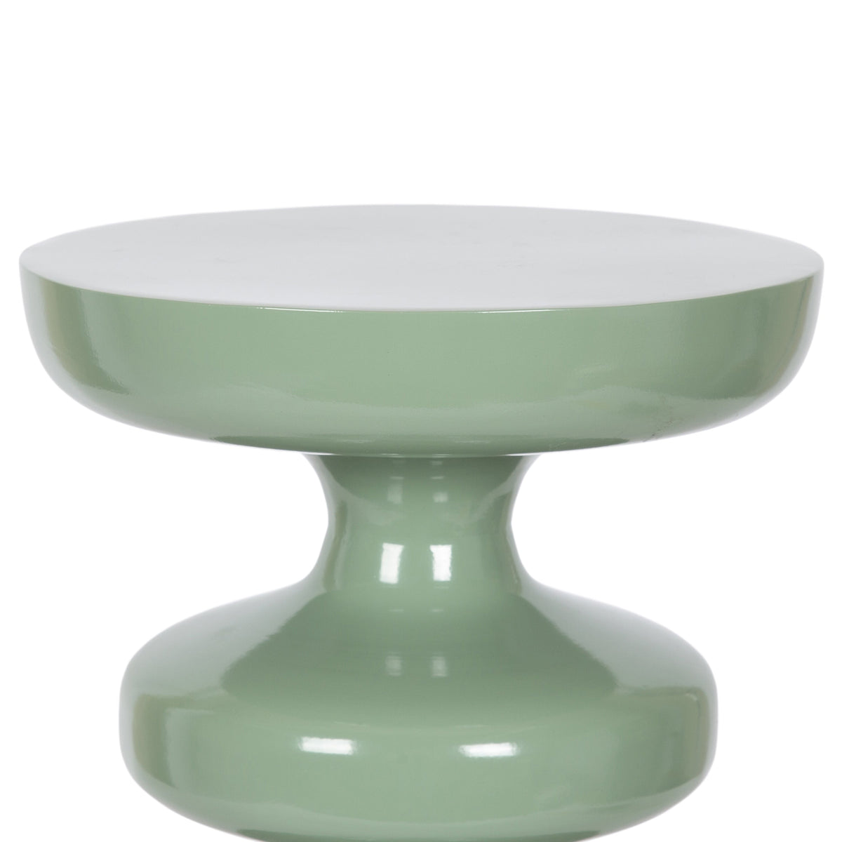 Round green metal side table with a smooth top and rounded pedestal base, featuring a glossy finish and modern minimalist design.