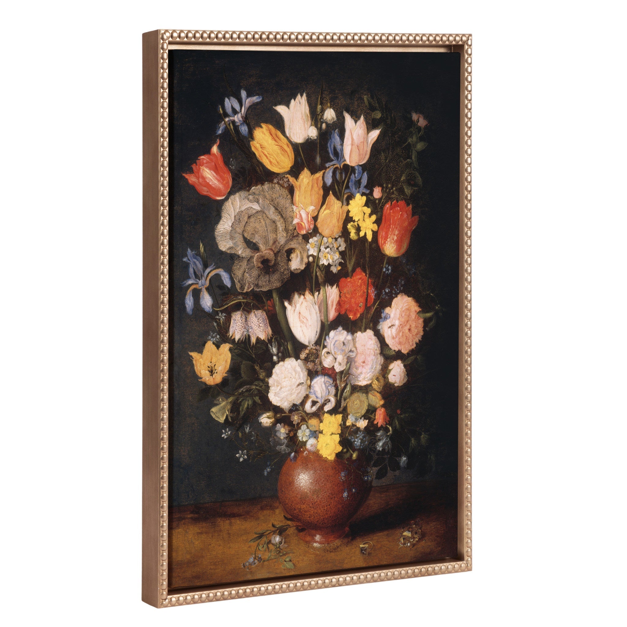Framed canvas art of a bouquet of flowers in an earthenware vase, vintage beaded gold frame