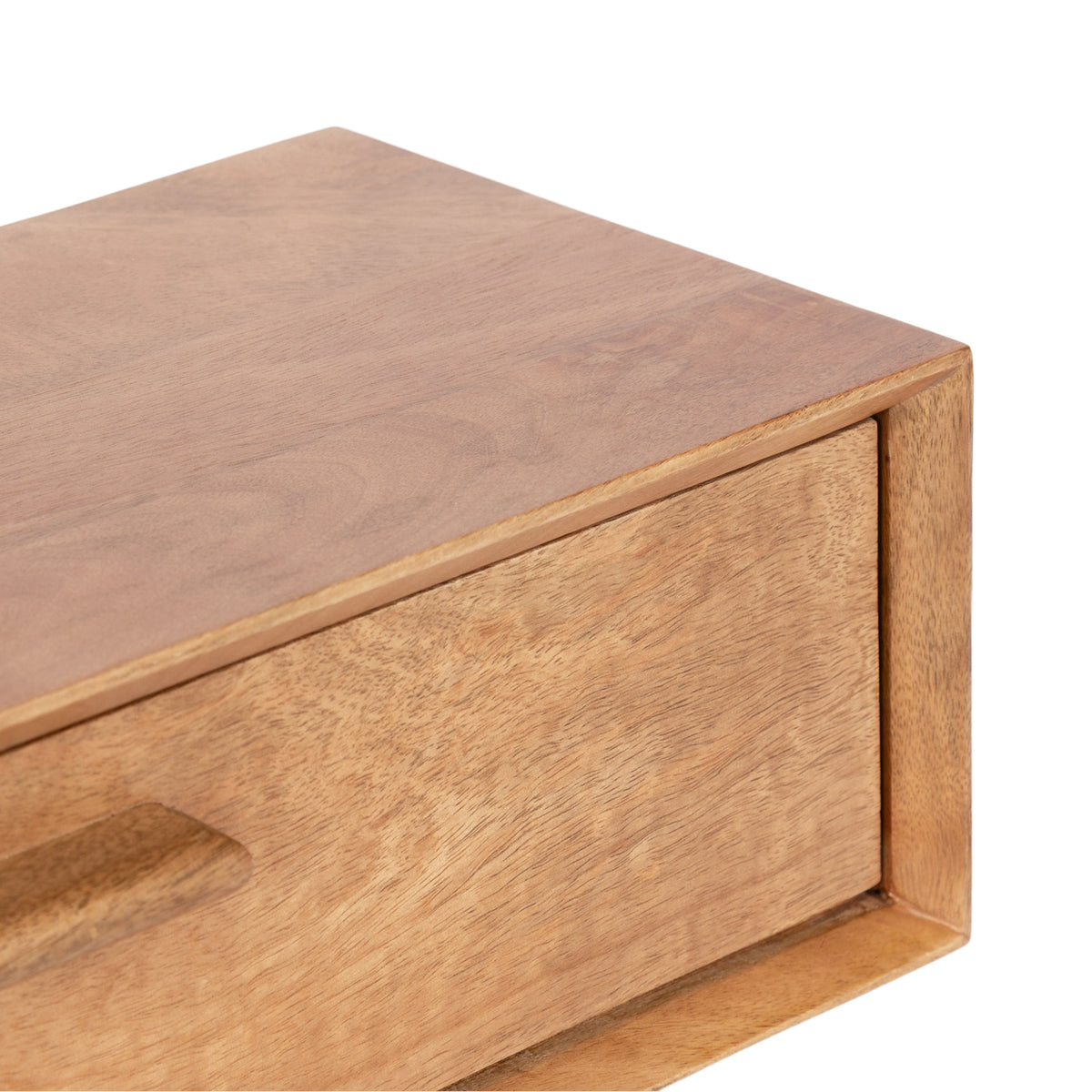 Close-up of a smooth wooden drawer with a subtle handle, framed by a slightly lighter wood border with clean, sharp edges.