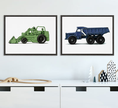 Sylvie Vintage Toy Tractor and Dump Truck Framed Canvas Art Set by Saint and Sailor Studios