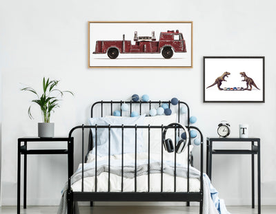 Sylvie Dino Cars Faceoff Framed Canvas by Saint and Sailor Studios